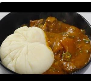 POUNDO/SEMO/EBA WITH OGBONO, TURKEY/GOAT MEAT